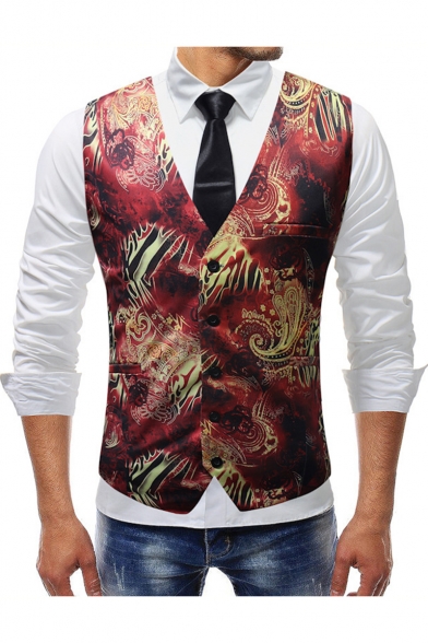 New Trendy Retro Floral Printed Single Breasted Buckle Back Red Slim Fit Suit Vest