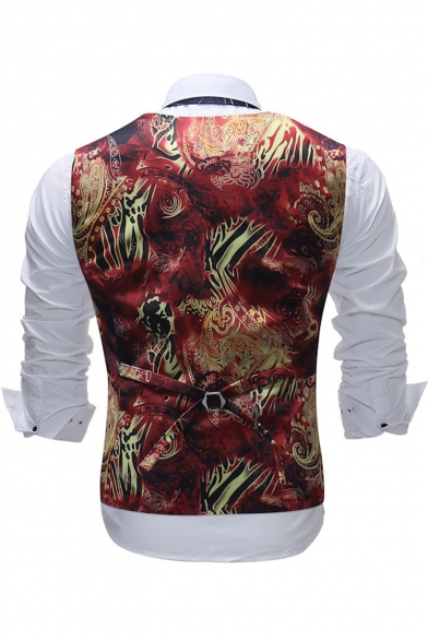 New Trendy Retro Floral Printed Single Breasted Buckle Back Red Slim Fit Suit Vest
