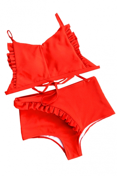 New Trendy Ruffle Trim Spaghetti Strap Red Tied Back Bikini