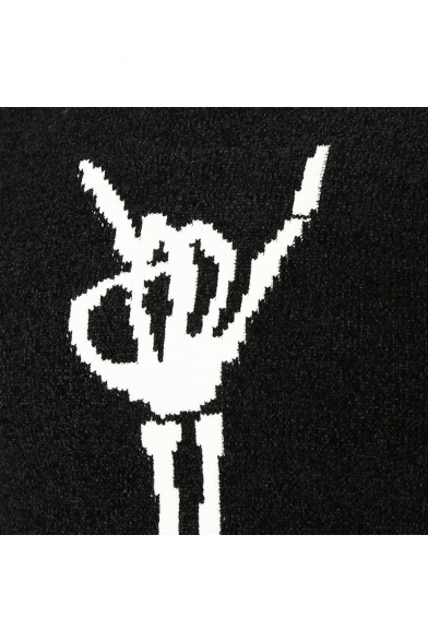 Popular Cool Skull Hand Gesture Print Mens Crewneck Long Sleeve Fitted Knit Jumper for Men