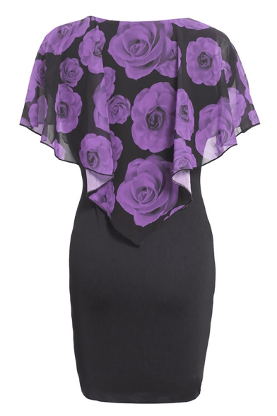Popular Floral Print Shawl Layered Round Neck Knee Length Bodycon Dress for Women