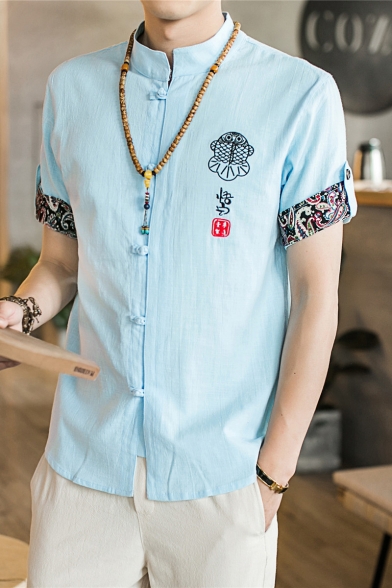 Abetteric Mens Linen Frog Button Short Sleeve Casual Chinese Style Tops 