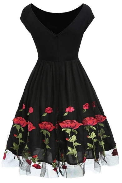 Retro Sexy Rose Embroidered Mesh Panel Zip-Back Midi A-Line Black Dress for Women