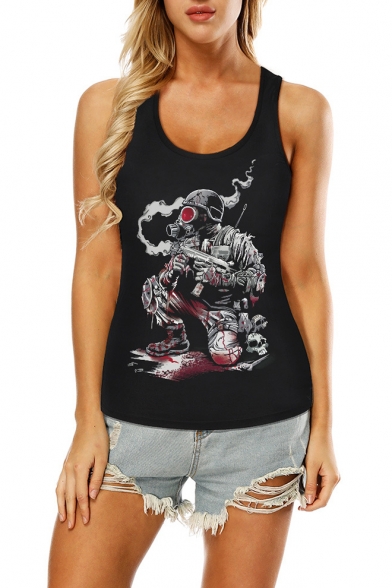 Sexy Cool Skull Figure Unicorn Printed Round Neck Sleeveless Hollow Out Back Tank