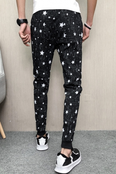 Stylish Allover Stars Printed Drawstring Waist Black Casual Pants for Men