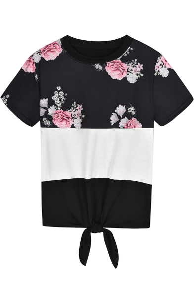 Stylish Floral Printed Colorblocked Short Sleeve Tied Hem Casual Black T-Shirt