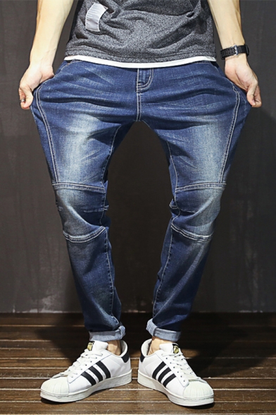 Summer Fashion Solid Color Bleach Washed Rolled Cuff Men's Stretch Fit Jeans
