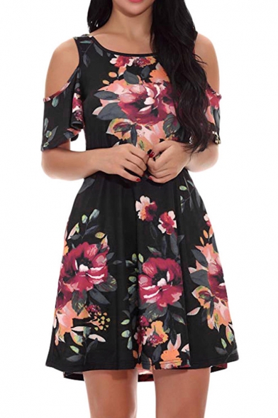 Summer Retro Floral Printed Cold Shoulder Short Sleeve Mini A-Line Dress