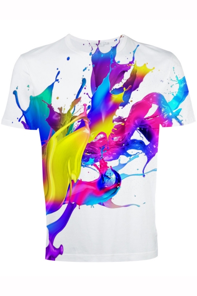Summer Unique Cool Colorful Ink Painting Print Basic Short Sleeve White T-Shirt
