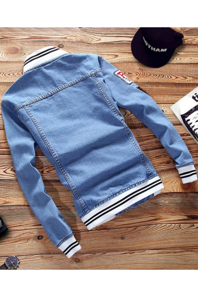 Trendy Light Blue Stand Collar Applique Patch Buttons Down Long Sleeve Ripped Denim Jacket