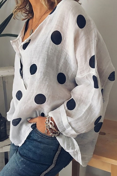 Women's Fashion Polka-Dot Printed Long Sleeve Button Front Loose Fit Shirt