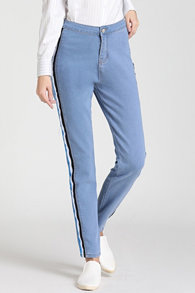 Women's New Fashion Side Stripe Slim Fit Sky Blue Denim Jeans