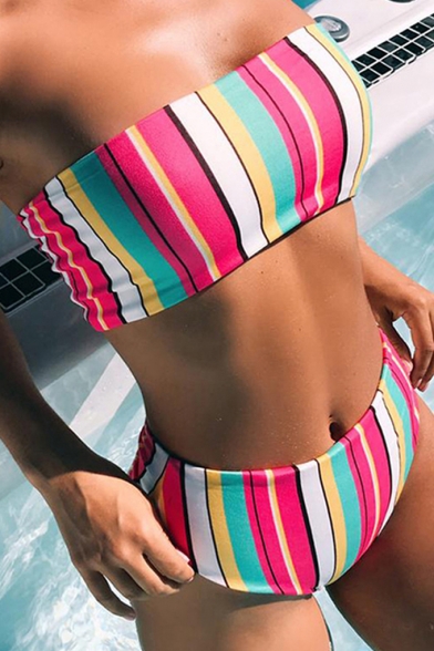 Women's Striped Printed Bandeau Top High Waist Bottom Bikinis Swimwear
