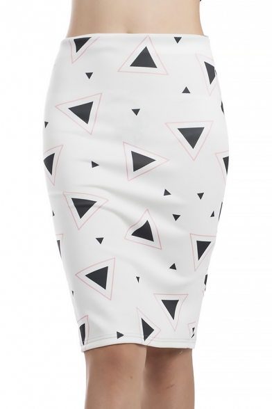 Basic Simple Geometric Printed Fashion Slit Back White Knee Length Pencil Skirt