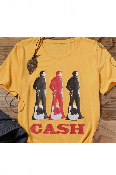 CASH Letter Character Printed Yellow Round Neck Short Sleeve Tee