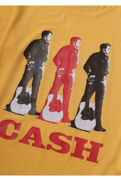 CASH Letter Character Printed Yellow Round Neck Short Sleeve Tee