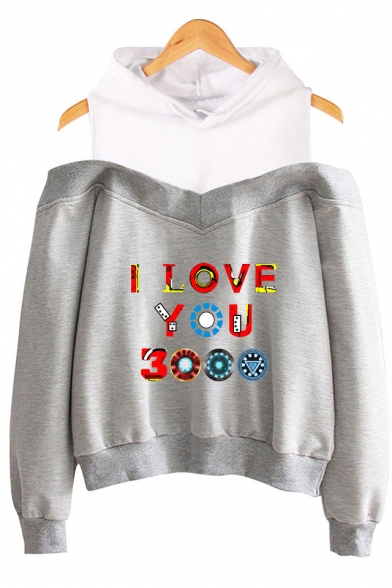 Chic Colorful Letter I Love You 3000 Cold Shoulder Fake Two-Piece Long Sleeve Hoodie