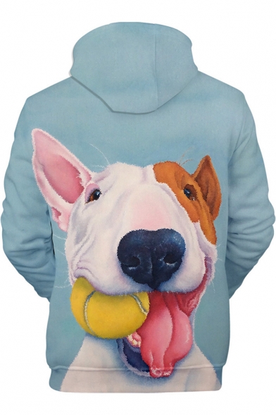 Cute Bull Terrier Dog Print Light Blue Pullover Drawstring Hoodie