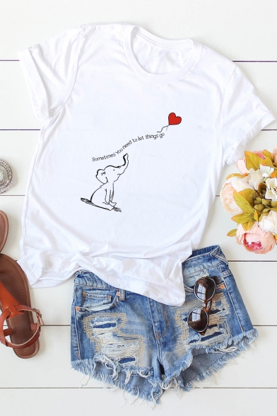 Cute Cartoon Heart Elephant Printed Basic Short Sleeve Cotton Tee