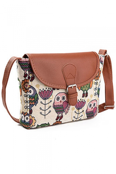 Cute Cartoon Owl Floral Painted Khaki Long Strap Crossbody Bag 23*4*20 CM