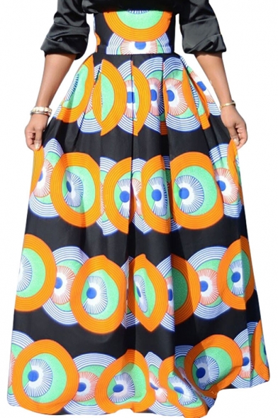Ethnic Style Geometric Circle Printed Gathered Waist Maxi Flared Skirt