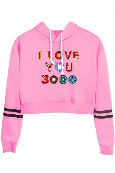 Fancy Colorful Letter I Love You 3000 Striped Long Sleeve Cropped Drawstring Hoodie