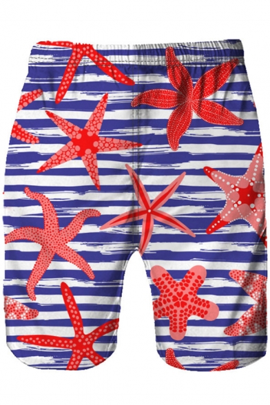 Fashion Blue Stripe Floral Printed Summer Beach Swim Shorts for Men