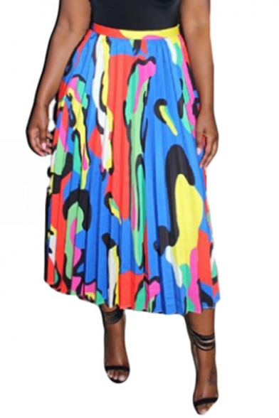 Fashion Bohemian Style Colorblock Blue Maxi Multi-Way Pleated Beach Skirt