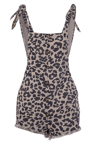 Fashion Khaki Leopard Printed Bow-Tied Strap Button Front Casual Suspender Romper for Women
