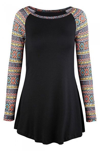 Fashion Tribal Style Geometric Printed Long Sleeve Round Neck Fitted T-Shirt