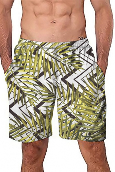 Fashion Tropical Leaf Pattern Men's Summer Green Casual Holiday Swim Shorts