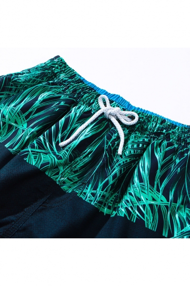 Fashion Tropical Plants Printed Drawstring Waist Mens Beach Swim Shorts with Liner