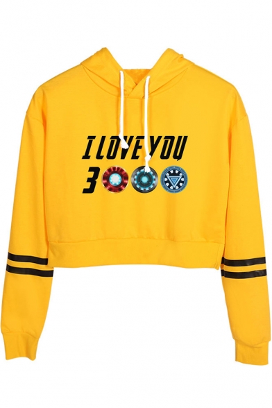 Fashion Unique Letter I Love You 3000 Striped Long Sleeve Cropped Drawstring Hoodie