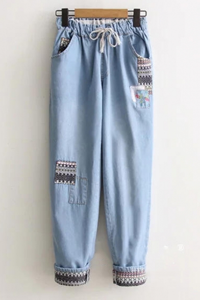 Girls Lovely Applique Drawstring Waist Rolled Cuff Light Blue Loose Fit Jeans