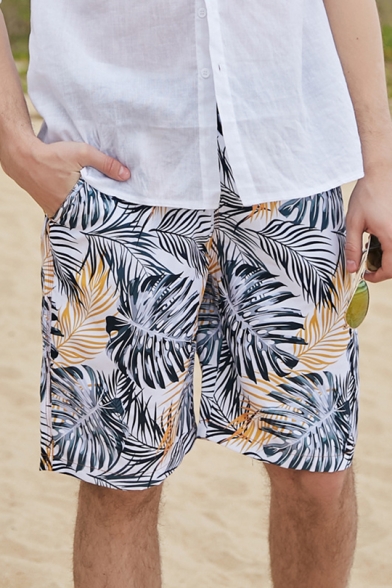 Guys Summer Fashion Tropical Plants Printed Drawstring Waist Quick Drying Surfing Swim Trunks