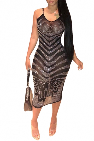 Hot Fashion Mesh Beaded Print V-Neck Sleeveless Black Midi Slip Dress For Women