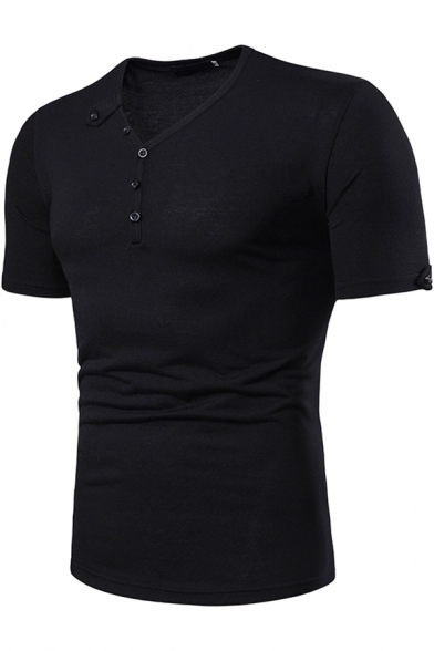 Men's New Stylish Button V-Neck Short Sleeve Plain Leisure Henley Shirt