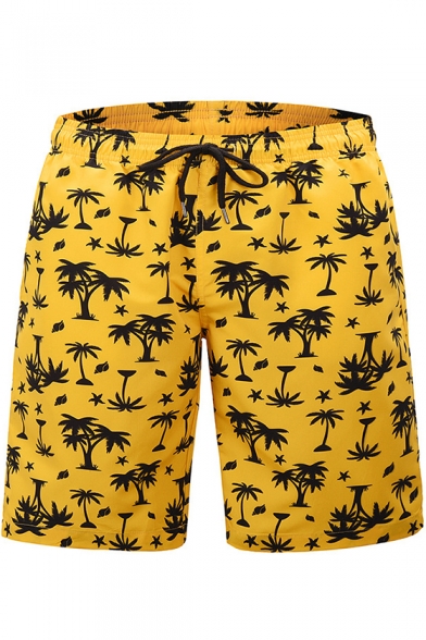 Men's Trendy Tropical Plants Print Drawstring Waist Loose Fit Beach Swim Trunks in Yellow