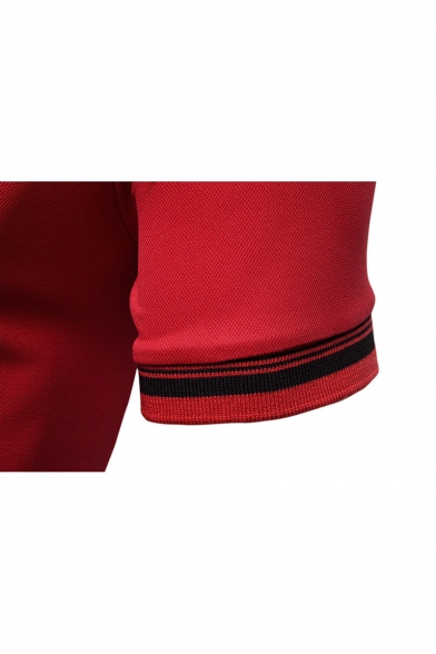 Mens Summer Fashion Contrast Striped Hem V-Neck Short Sleeve Fitted Polo Shirt