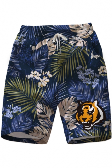 Mens Summer Fashion Tropical Leaf Tiger Printed Drawstring Waist Blue Beach Shorts Swim Trunks