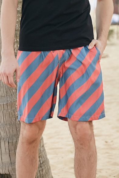 Mens Summer New Stylish Striped Printed Drawstring Waist Quick Dry Surfing Swim Shorts