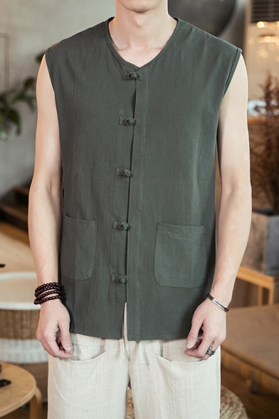 Mens Summer Retro Chinese Style Frog Button Front V-Neck Sleeveless Plain Casual Shirt Blouse
