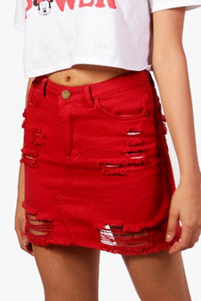 New Fancy Red Destroyed Ripped Frayed Hem Mini Bodycon Denim Skirt