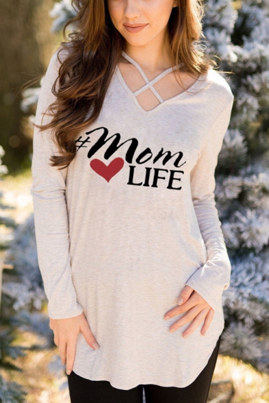 New Fashion Heart Letter MOM LIFE Cross V-Neck Long Sleeve Fitted T-Shirt