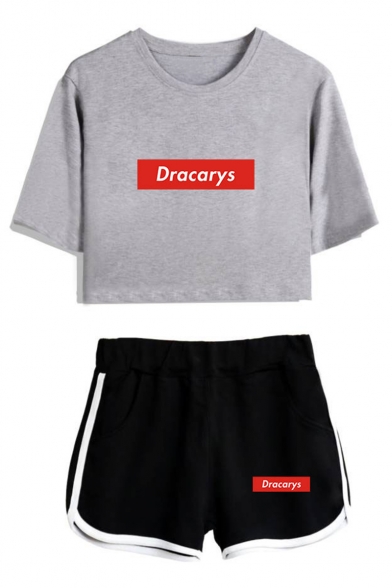 New Popular Letter DRACARYS Short Sleeve Cropped T-Shirt with Casual Shorts Two-Piece Set for Girls