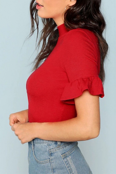 New Stylish Red Solid Color Mock Neck Ruffled Sleeve Slim Fit T-Shirt