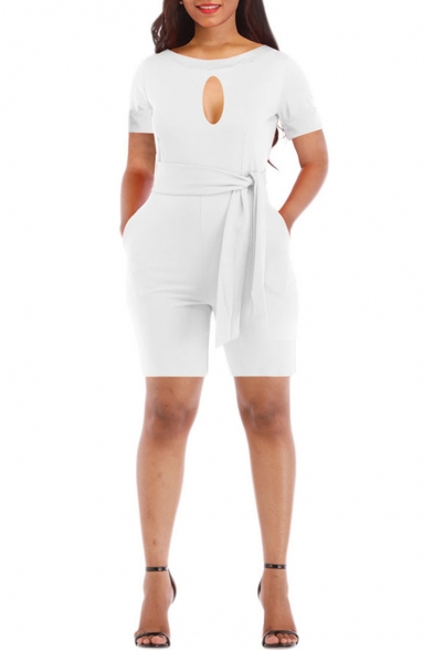 New Stylish Solid Color Round Neck Short Sleeve Sexy Cut Out Front Tied Waist Slim Romper for Women