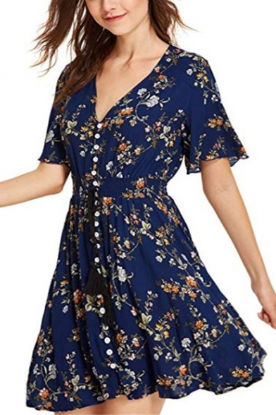 New Stylish Summer Floral Printed V-Neck Drawstring Waist Button Front Mini A-Line Dress