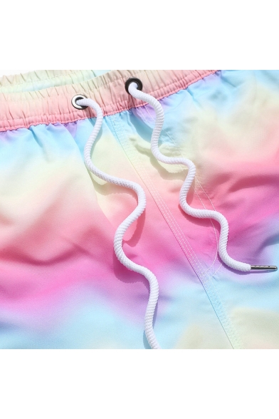 New Trendy Ombre Rainbow Drawstring Waist Pink Casual Swim Trunks for Men