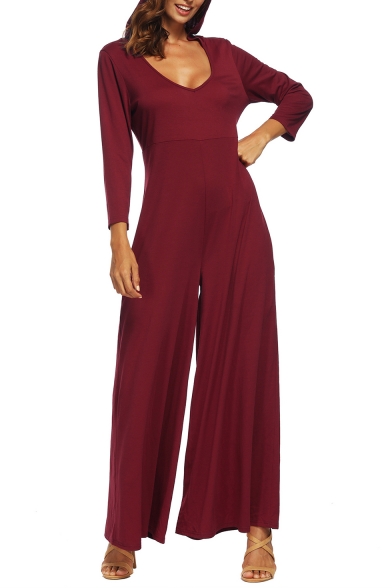 New Trendy Solid Color Hooded Long Sleeve V-Neck Loose Wide Leg Jumpsuits